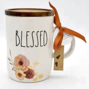NWT Rae Dunn Gorgeous BLESSED Coffee Mug Cup Wood Lid 18Oz Ceramic Fall Flowers